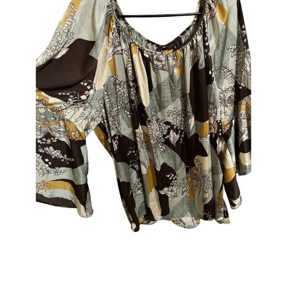 Emery Rose 5XL Blouse Brown/Green/Yellow Floral Design Flare 3/4 Sleeves - Picture 4 of 7